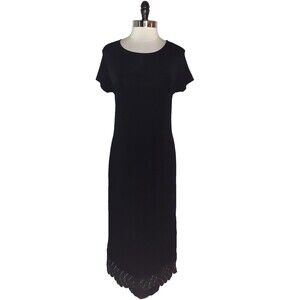 CHICO'S Sz 2 12 14 L Dress Black Short Sleeve Lace Hem Midi Stretch Slinky Knit